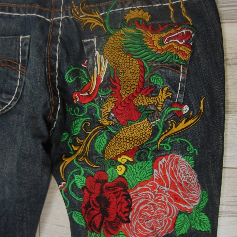Cinema Donna Embroidered Dragon & Roses Vintage Jeans